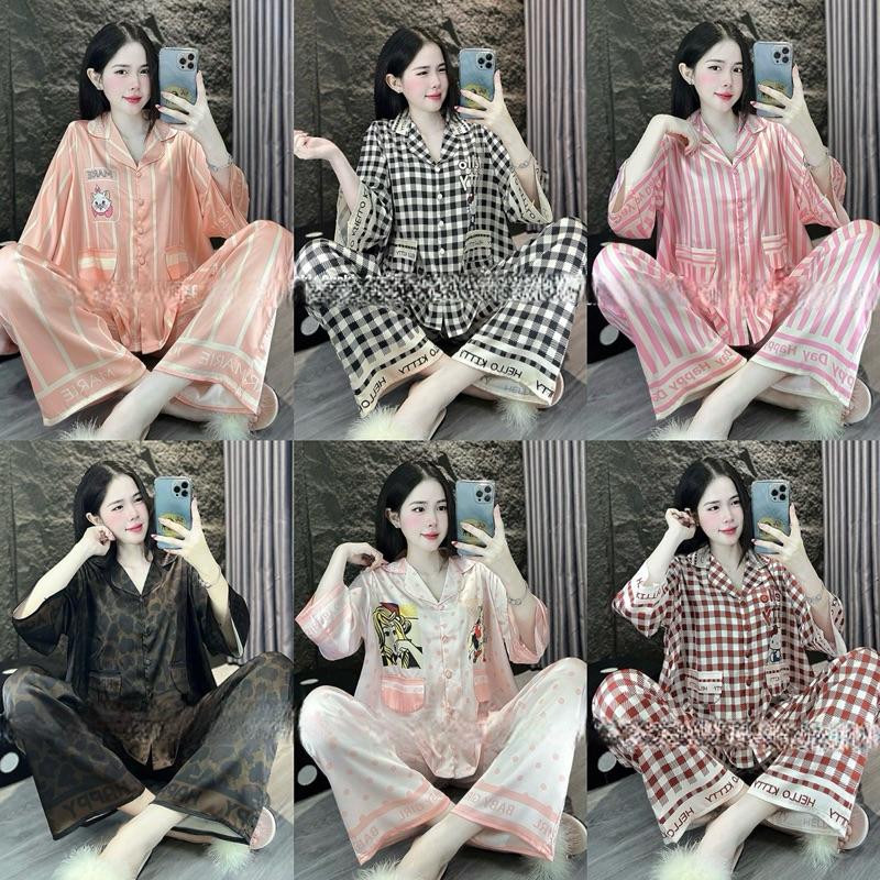  New  55-80kg  Set Bộ Pijama Tay Lỡ Túi Nắp Quần Dài bảng 6 màu chất Lụa Latin cao cấp Bigsize Nữ 