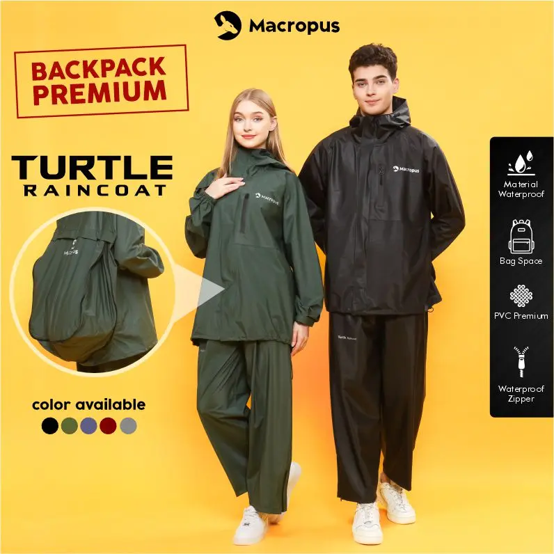Macropus Turtle Raincoat Anti Tembus Jas Hujan Setelan Premium Original Backpack Pria & Wanita Dewasa Bahan PVC Premium Ruang Khusus untuk Backpack Tersedia dalam 3 Warna Elegan Hitam Army Navy