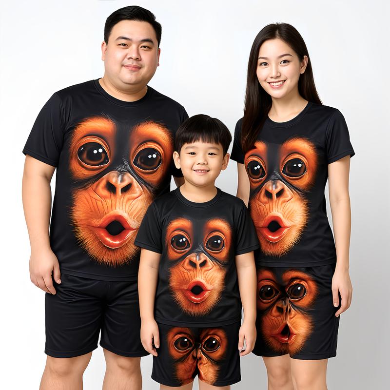 Bộ Quần Áo Tay Ngắn Nam Nữ Bigsize 33KG-123KG Chất Thun Co Dãn Mát Kiểu Hàn Quốc Menswear Top Bộ Đồ Hình Xăm Cổ Tròn In Hình Khỉ Đáng Yêu Thoải Mái Cho Mùa Hè