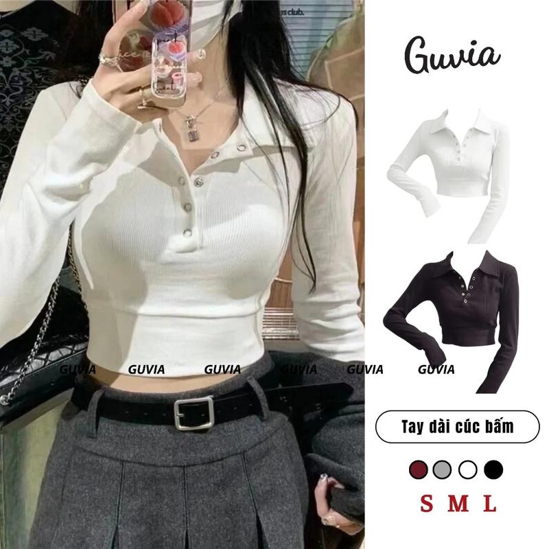   CR170  Áo Croptop Tay Dài CÚC BẤM Cổ Polo Nữ Thun Gân Áo Thun Ôm Eo Croptop Có Chun Women Dáng Ngắn 
