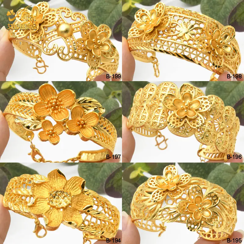 Gelang tembaga bunga Dubai 24K, barang kemas emas aluvial, gelang boleh laras untuk wanita, hadiah dalam Stok, banyak