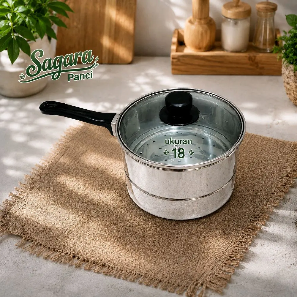 Panci Kukus Serbaguna 18cm Tutup Kaca Sarang Pengukus Bahan Stainless Steel Praktis untuk Memasak Berbagai Makanan Mudah Digunakan dan Disimpan Kitchenware
