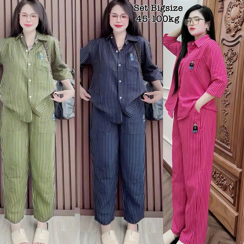  Thời Trang Bigsize - Set Bộ Đồ Bigsize Dài Tay Lửng Vải Sọc Hot Trend 2025 Form Rộng Thêu Gấu Che Giấu Bụng Hot Hit Cổ Sơ Mi Nữ Chuppy Cao Cấp Thoải Mái Mặc Nhà Đi Chơi Đều Xinh Đẹp Sang Trọng Dễ Thương Che Dáng Cục Đỉnh Cho Nàng Mũm Mĩm 40-110kg  2513 