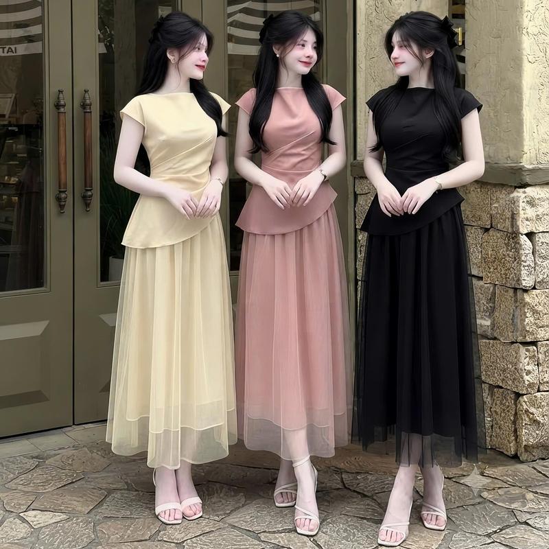 A127 Set áo và chân váy Xếp Ly Eo tà chéo phối chân váy lưới