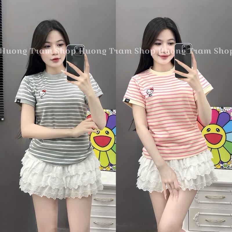 (Deal mở bán )ÁO THUN BABYTEE SỌC KITTY THÊU- Áo thun form 35-55kg , dáng vừa người , áo thun nữ phom vừa ,  Hương Trầm Shop