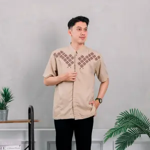 baju kemeja koko pria dewasa Motif bordir katun madina lengan pendek warna hitam biru abu coklat cream alkinan Alkinancollection ak054  Muslim