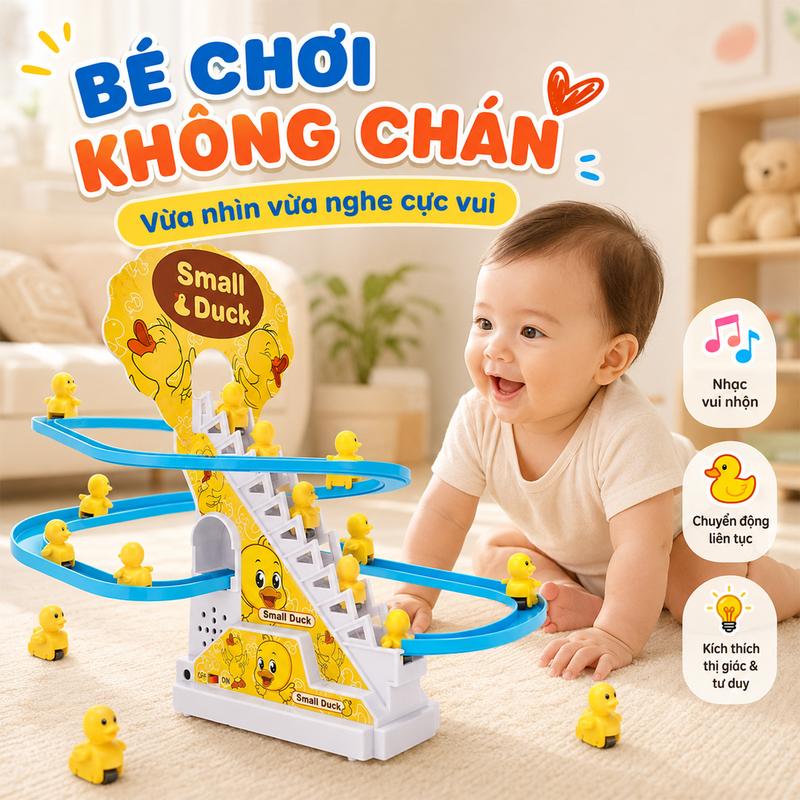 Đồ chơi vịt leo cầu thang điện - Xe tự động leo cầu thang & trượt đường ray có…