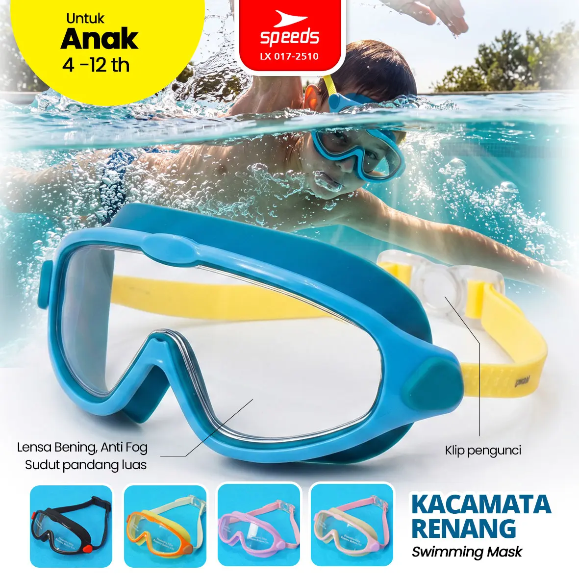 SPEEDS Goggles Renang Anak Lensa Bening Sudut Pandang Luas Anti Fog 017-2510
