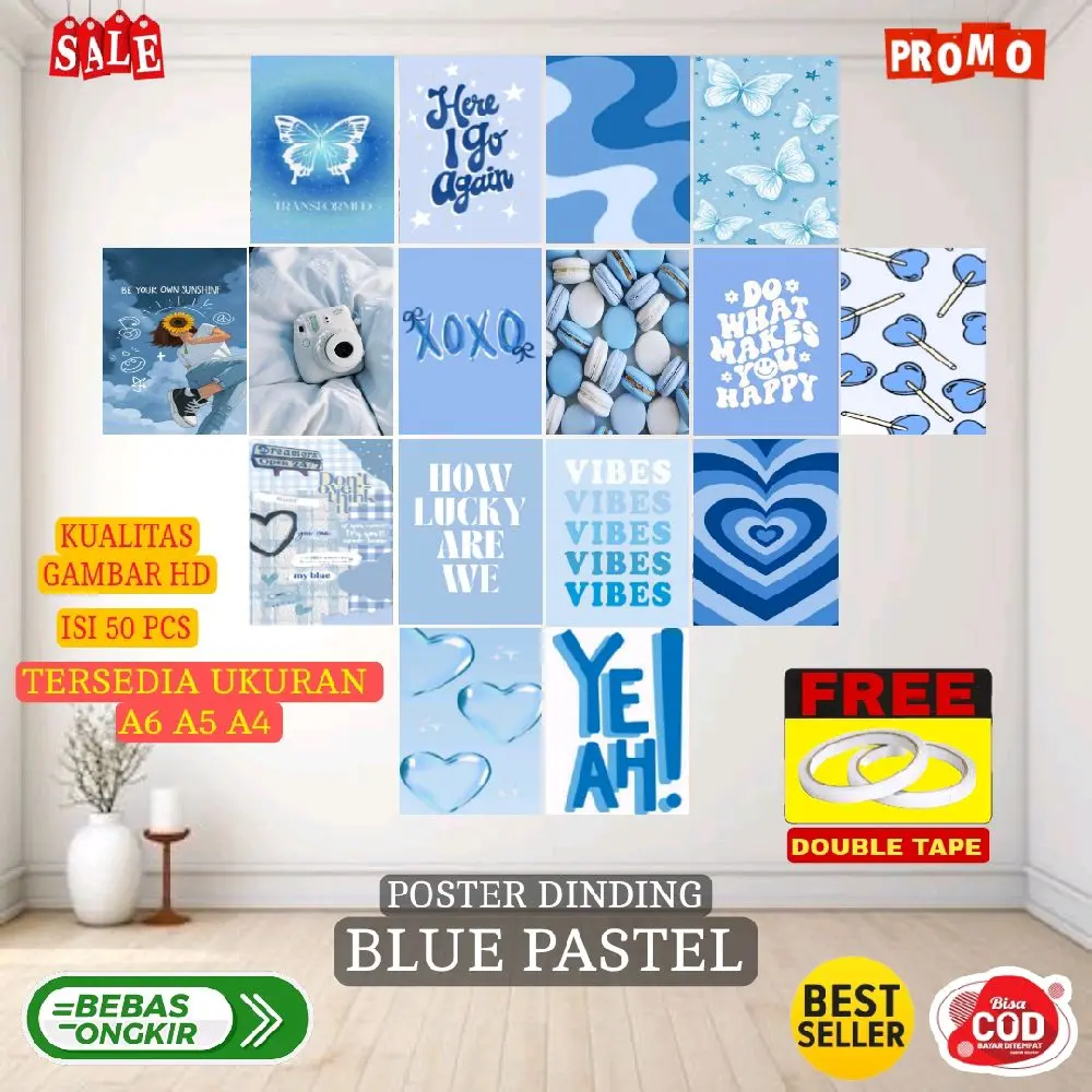 Poster Dinding Blue Pastel Isi 50 Pcs | Dekorasi Ruangan Murah | Hiasan Dinding Kamar | Produk Cetak | Kamar Aesthetic | Wall Art kata pajangan rumah
