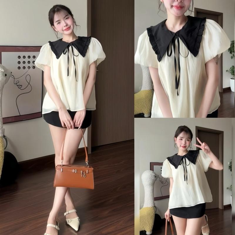 Áo nữ kiểu babydoll xoè tay bồng phối bản cổ to buộc nơ tiểu thư công chúa dilyshop - A128