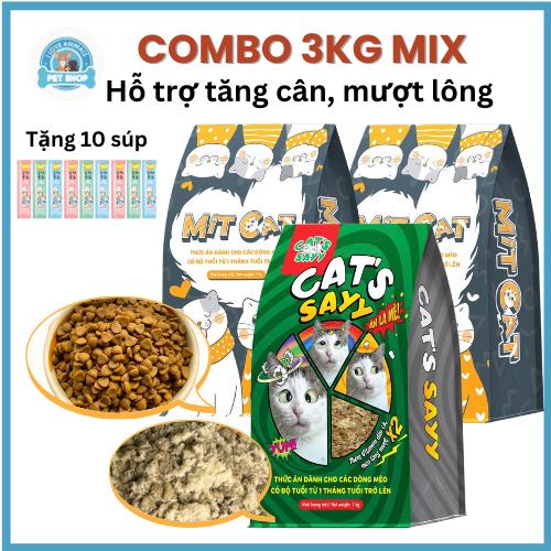 Combo 3Kg Hạt (2Kg MITCAT + 1Kg CATSAY) Hỗ trợ trợ tăng cân kết hợp giúp Mèo giảm rụng lông hiệu quả - Mèo MIT Petshop (Tặng 10 Súp)