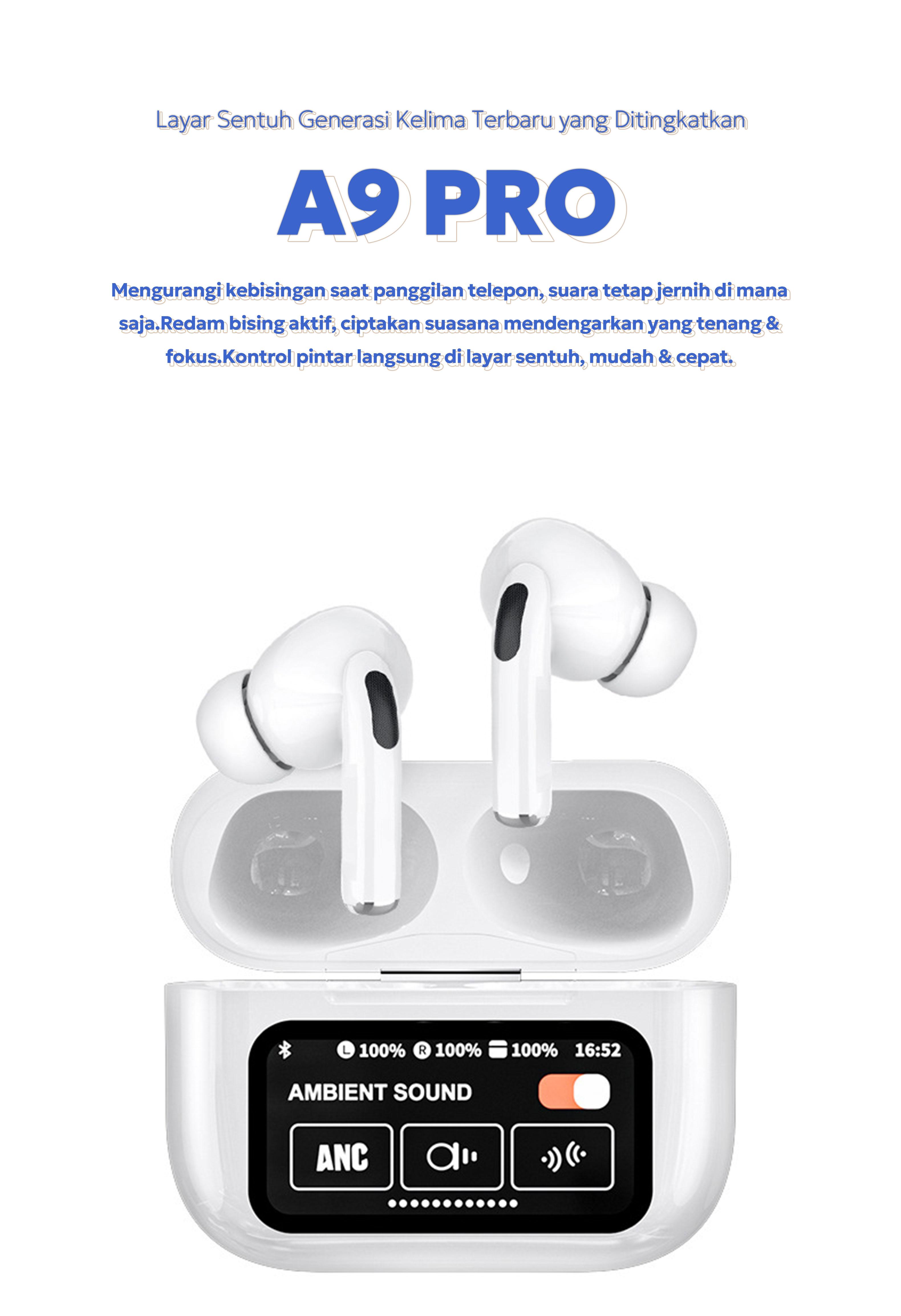 [3 GRATIS] A9 PRO Earbuds Pintar Dengan Layar Resolusi Tinggi, Atur Wallpaper Layar Kunci, Fungsi ANC/ENC, Tahan Air IPX5, Cari Earphone, Kontrol Musik Dan Tampilkan Lirik Untuk iPhone/Android