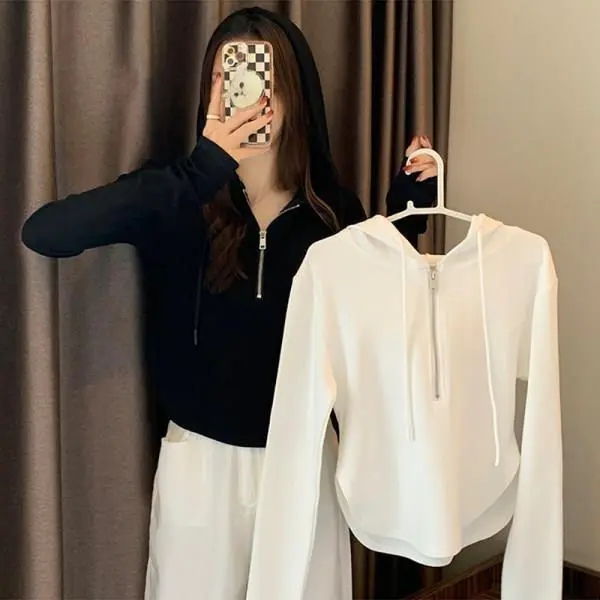 Sweater Bulu Beige, Borong untuk Wanita, 2023 Ketibaan Baru, Musim Bunga dan Musim Luruh, Zip Separuh, Bertudung, Baju-T Lengan Panjang, Atasan Wanita