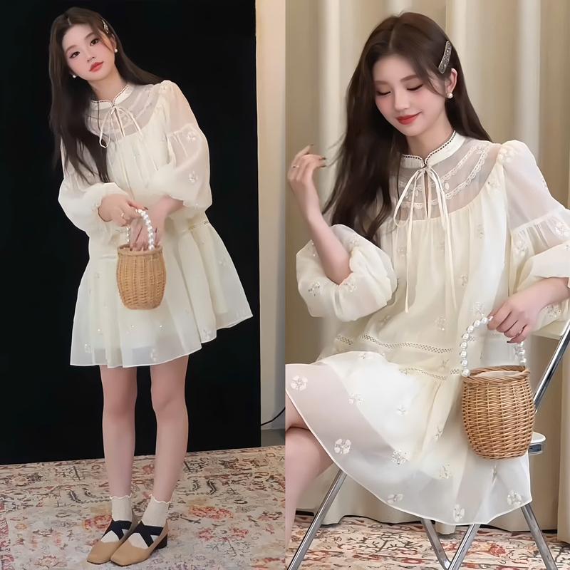 Đầm nữ thiết kế EMME V2080 babydoll tơ thêu hoa viền ren tay dài tiểu thư cách điệu ( kèm quần bảo hộ )  - THANH TỰ