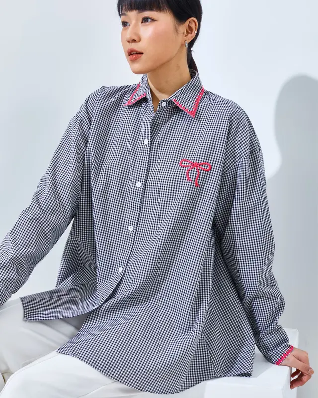 DAC Chara Bow Top | Tartan Shirt Kemeja Kotak Kotak Oversize | Atasan Wanita Lengan Panjang Bordir Pita Pink | Coquette Blouse Jumbo 0