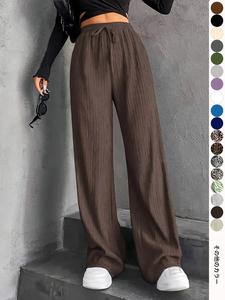 レディース テクスチャー フロントタイ エラスティックウエスト ストレートレッグパンツ、カジュアルで快適なデイリーウェア、オールシーズン対応ボトムス