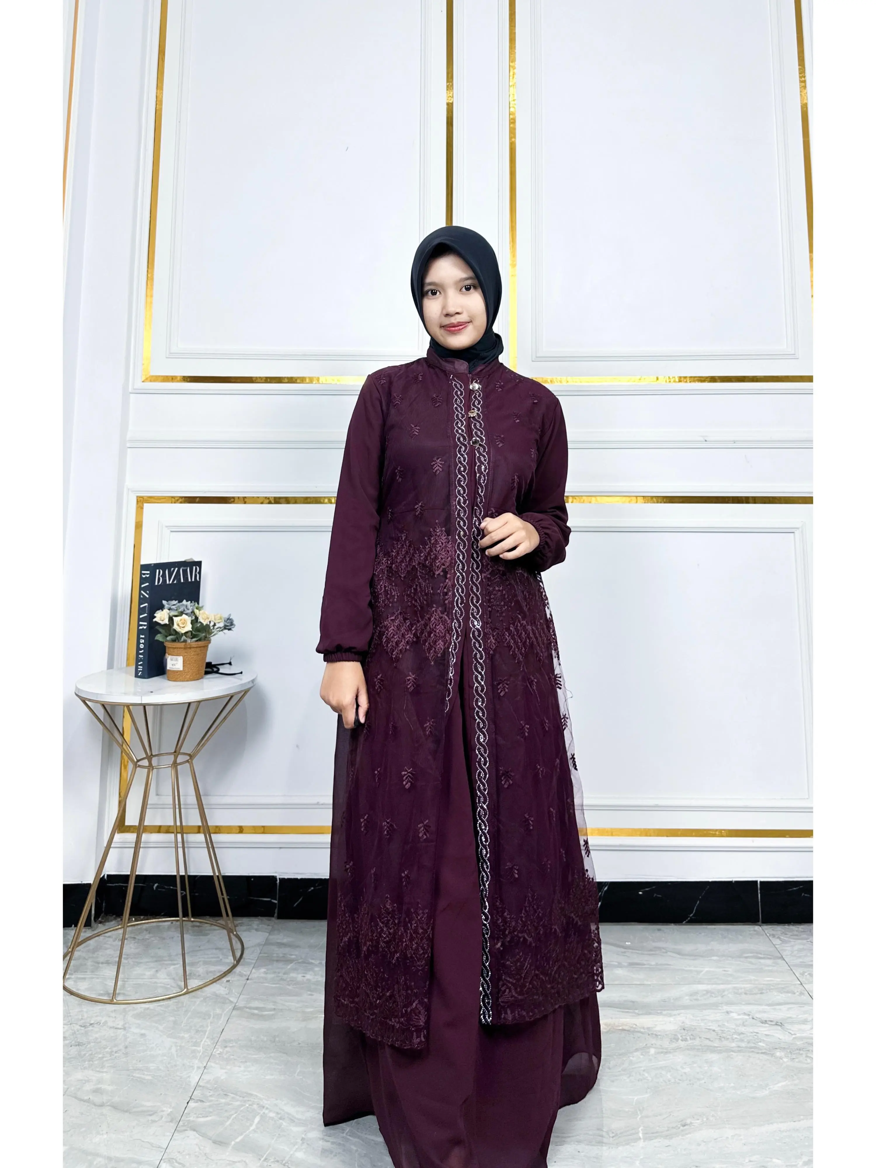 Gamis Brukat Kondangan Bahan Kain Ceruty Babydoll Full Puring Mix Brokat Aplikasi SWAROVSKY Muslim Wanita