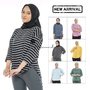 Mareema.id Atasan Baju Kaos Salur Oversized Wanita Blouse Top Basic Polos Premium Terbaru Kekinian Combed Muslim 100% CVC Cotton Combed 24s Bahan Adem Berkualitas Lembut Menyerap Keringat - Panjang