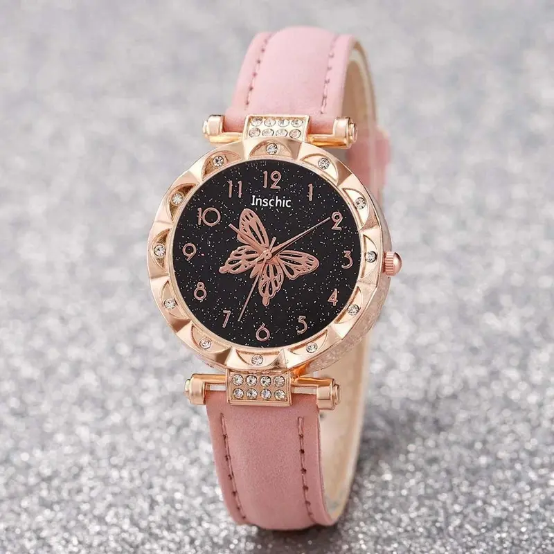 5PCS Jam Tangan Kuarsa Wanita Bergaya Berlian Berlian Kupu-kupu Dial PU Tali Kulit  Quartz Watches Kaca Set Perhiasan Kupu-kupu Gratis (Tanpa Kotak) 3