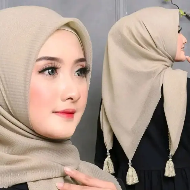 Hijab Segiempat Polos Jambul Tassel Bahan Waflle Rubicorn Lasercut 0