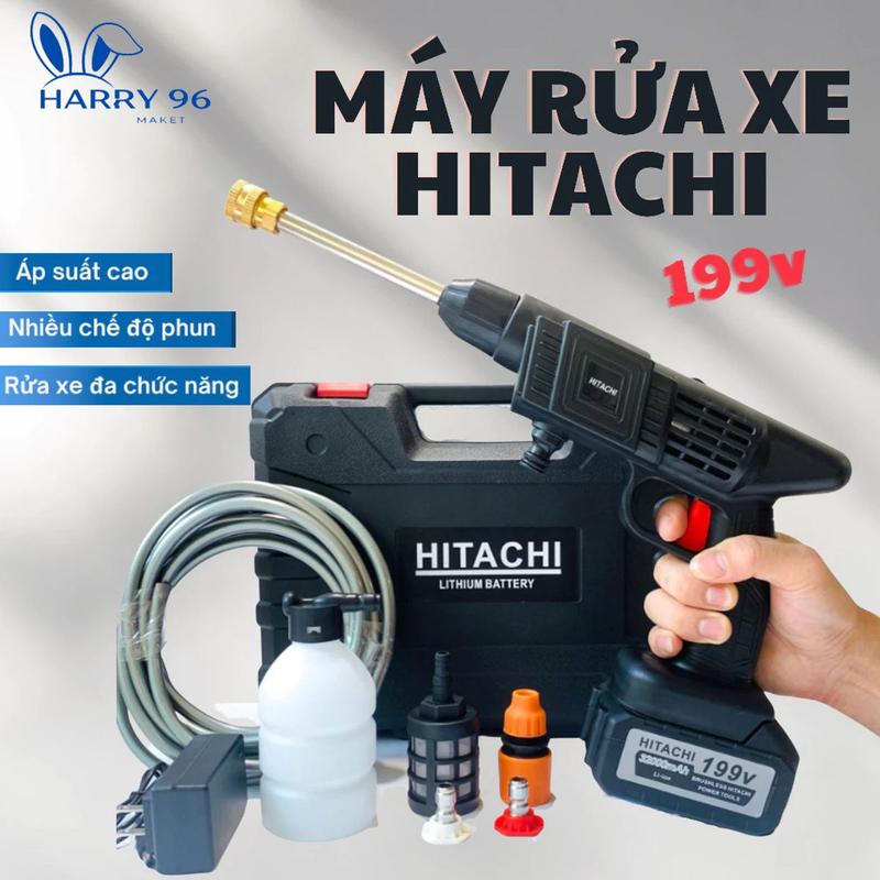 Máy Rửa Xe Cầm Tay 2 Pin HiTaChi 199V - Máy Xịt Rửa Sân Vườn, Xịt Rửa Cao Áp Có Tạo Bọt Tuyết,Tiết Kiệm Nước Bảo Hành 1 Năm