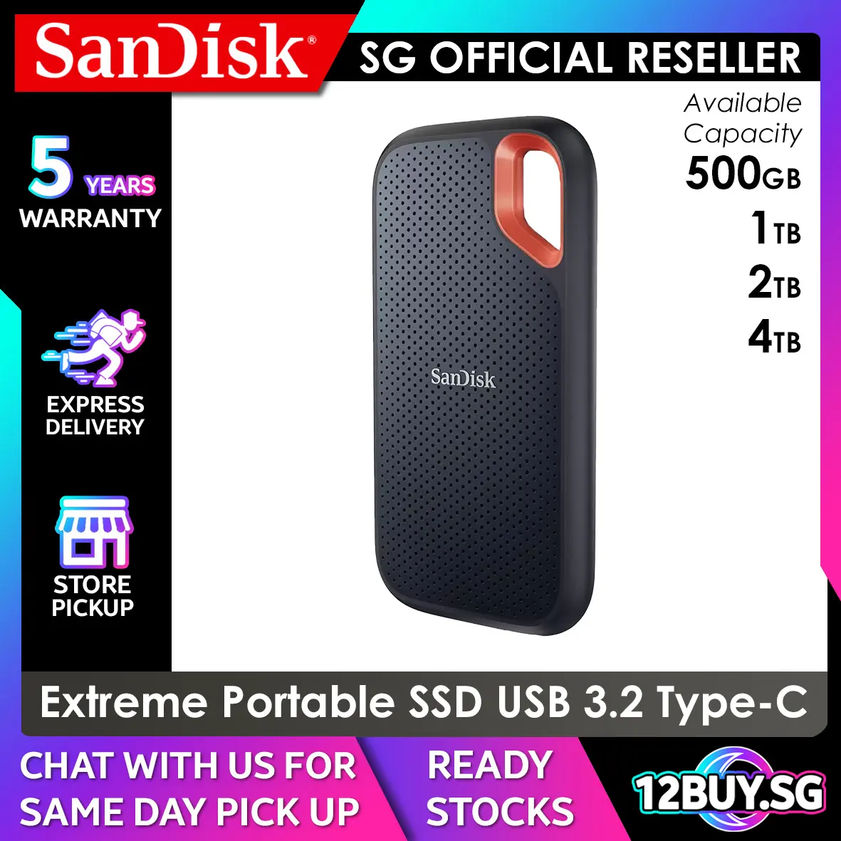 Sandisk Extreme E61 Portable V2 SSD Read Speed 1050MB/s Write Speed 1000MB/s 500GB 1TB 2TB 12BUY
