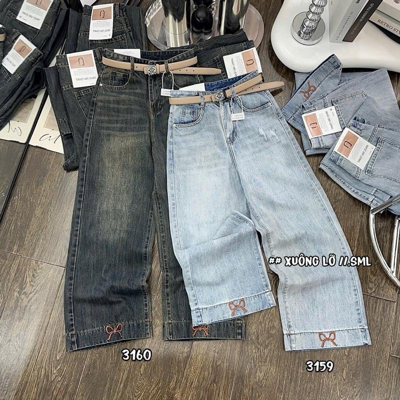 Jean suông 9 tất lưng cao nơ thêu dưới lai chất QC mềm mịn 0