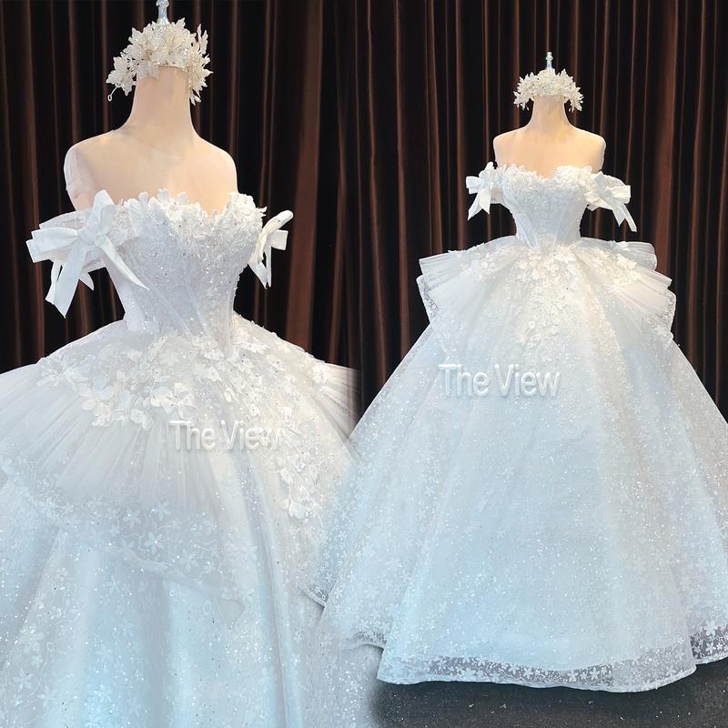 [Tặng Kèm Tùng] váy cưới đứng cổng, áo cưới lễ chính màu trắng trễ vai tùng bồng lấp lánh, mặc tiếp khách cô dâu 292