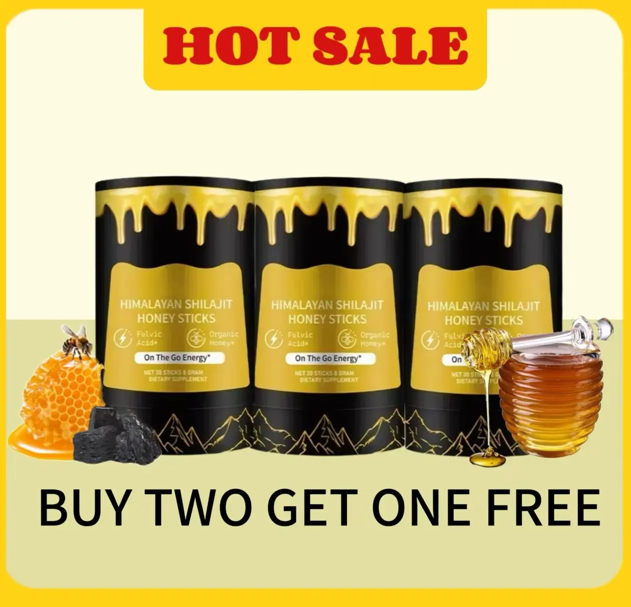 Himalayan Shilajit Honey Sticks | Bebas dari Kekejaman, 100% Vegan, Tanpa Perasa Buatan, Bebas Pewangi - Minuman Kesehatan Shilajit Murni dengan Ashwagandha & Herbal Alami Sirup