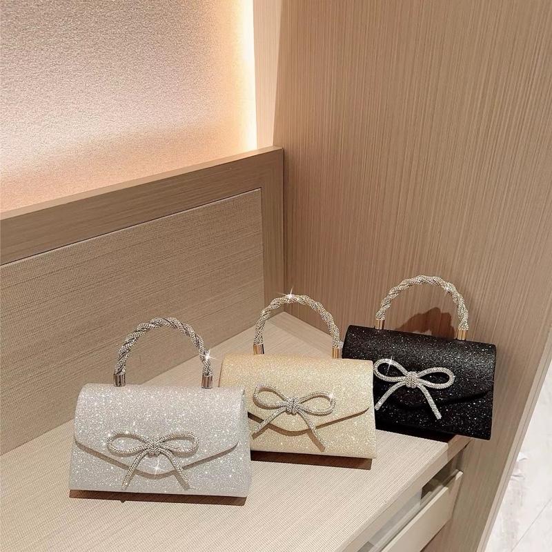  Túi Xách Nữ Đeo Chéo Xách Tay Nơ Đá Bling Bling - Đi Chơi Đi Tiệc Xách Tay Sang Trọng - Da Kim Tuyến  Hoạ Tiết Sần Phong Cách Trẻ Trung Hàn Quốc KT:D20;C12;R6 cm  KL:350g 