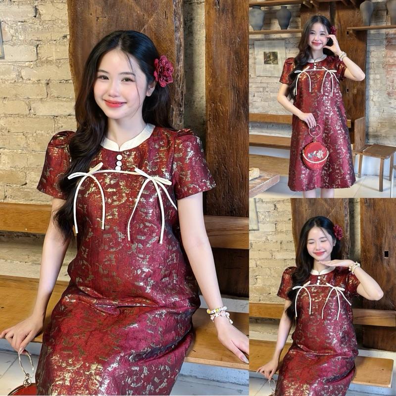  Đầm bầu Tết Laco gấm kết nơ cổ áo dài cách điệu sang chảnh sang trọng cho mẹ mang đi tiệc mang Tết dịp lễ cuối năm form suông gọn dáng  2 lớp  