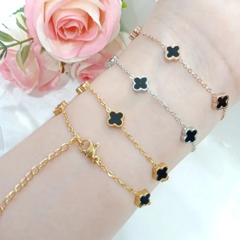Gelang Tangan Model  Rantai Daun Bunga  Mini Hitam Terlaris Anti Karat Tidak Luntur