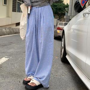 Summer New Korean Version Loose High Waisted Lazy Commuting Casual Floral Checkered Wide Leg Pants Womenswear Bottom
