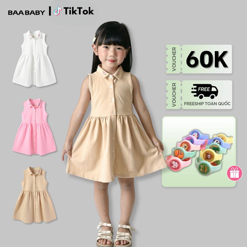 Đầm bé gái cotton thêu họa tiết, đầm cộc tay, váy polo cổ thêu hoa cho bé gái từ 1 tuổi - 10 tuổi Baa Baby - B-GC-AD57C