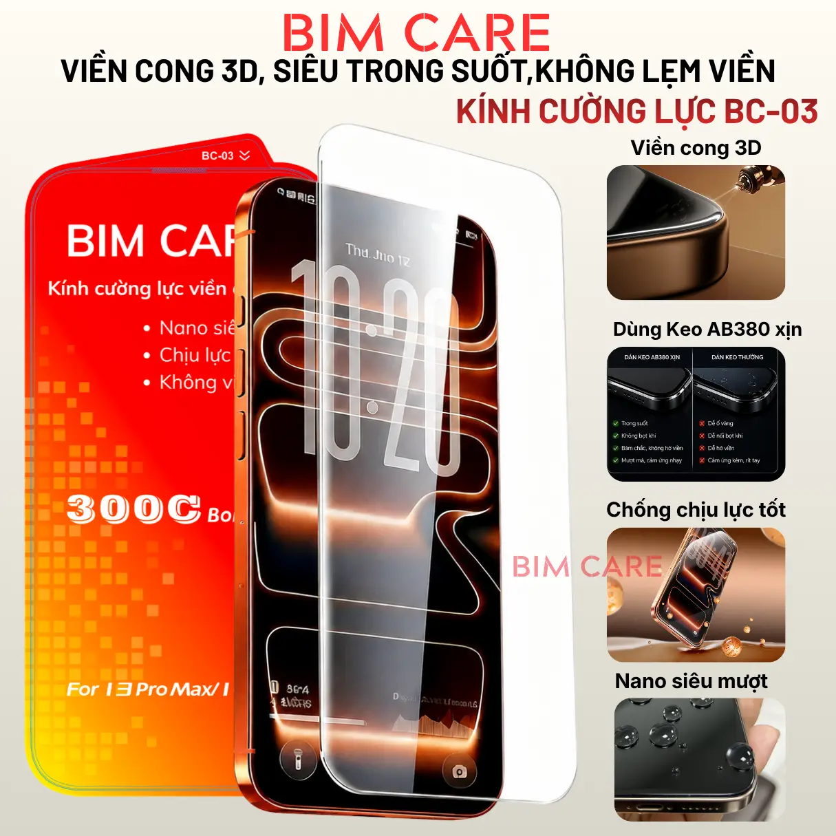 (VIỀN CONG 3D)Kính cường lực BIMCARE - BC03 SIÊU TRONG SUỐT, không viền đen dành cho iphone đủ mã từ 12 12Pro 12promax 13promax 14promax 15promax 16promax 17Promax Nano mượt, chịu va đập tốt
