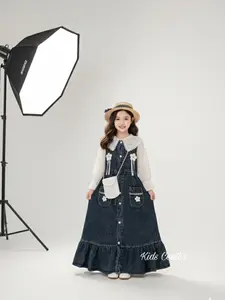 KidsCenter - Gamis Jeans Bunga 3in1 Tangan Brukat Full Kancing Anak Perempuan Usia 3 - 10 Tahun / Fashion Denim Viral Free Tas - Baju Gamis Mix Brukat Model Korean Style