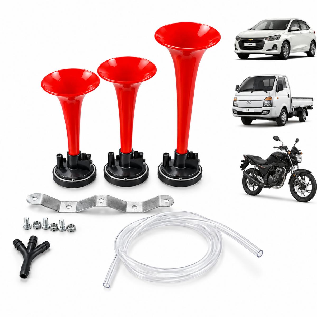 Buzina Verdureiro 3 Cornetas Vermelhas Automotiva Universal Carro Caminhão Moto Completa com Suporte Fixação Parafusos Porcas Conector Y e Mangueira de Ar Som Potente Instalação Fácil para Veículos Linha Pesada e Passeio Acessórios Inclusos
