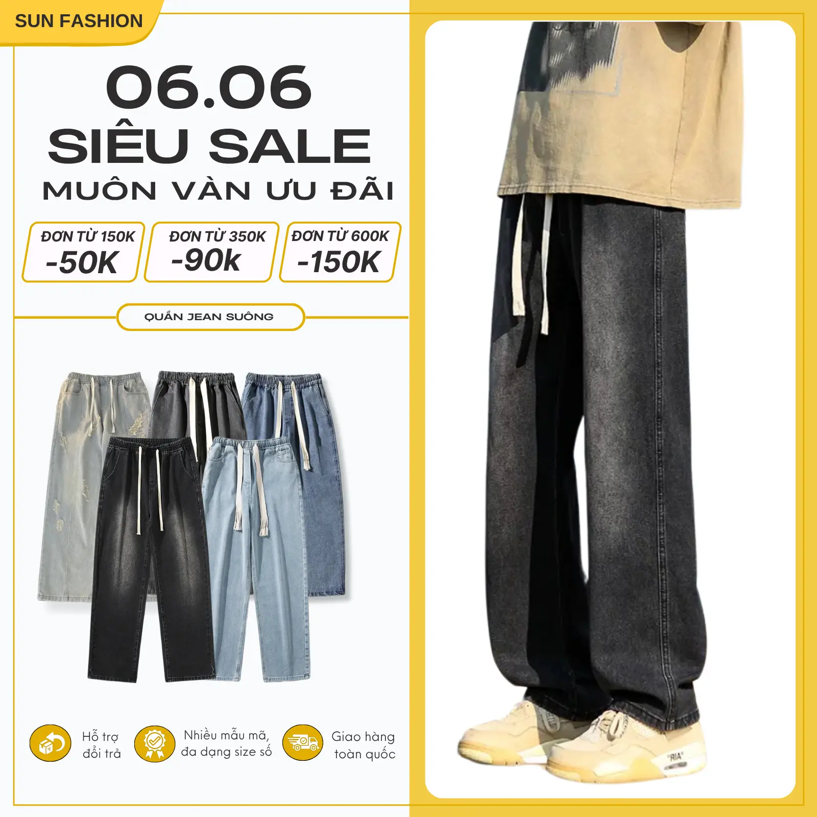 Quần Jean Nam Nữ Ống Rộng Bigsize Sun 09 Vải Jean Mềm Thoải Mái, Phong Cách Hàn Quốc Unisex Menswear