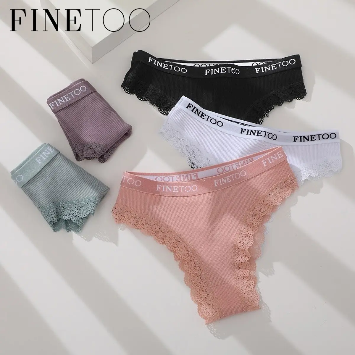 FINETOO Women Cotton Panties Sexy Low Waist Lace Bikini Letter Belt Underwear 6 Colors Comfortable Female Lingerie M-3XL Plus Size