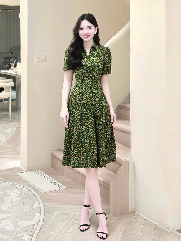 Đầm váy hoa nữ thiết kế Nhật Vy cổ sơ mi tay ngắn dáng xoè bigsize chất lụa mango công sở văn phòng dự tiệc đi chơi du lịch biển quà tặng vợ mẹ màu đen xanh - D3394