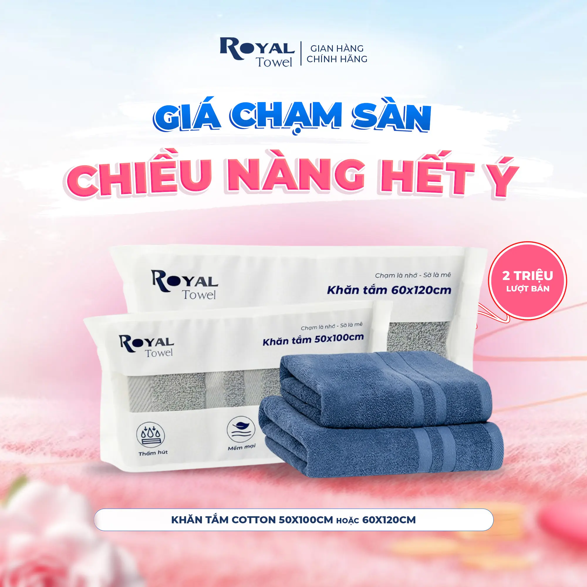 Khăn Tắm Royal Towel 50x100cm Hoặc 60x120cm Sợi Cotton Mềm Mịn, Thấm Hút Tốt, Không Xổ Lông, Không Phai Màu