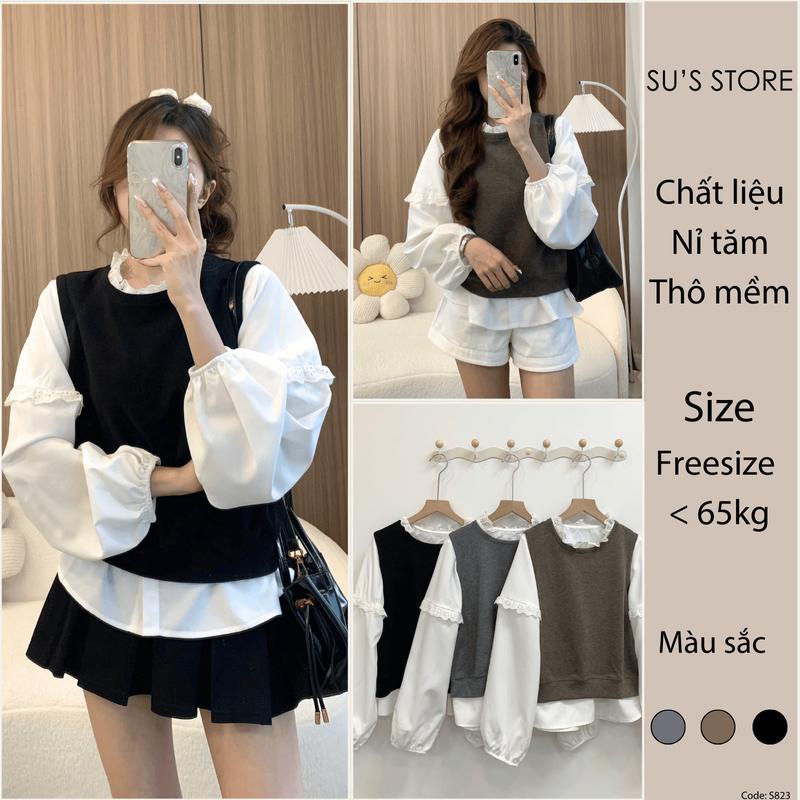  Set Áo Sơ Mi Cổ Ren Tay Bồng Mix Áo Gile Nỉ Tăm Trơn Form Rộng Susstore S823 Thời Trang Nữ 