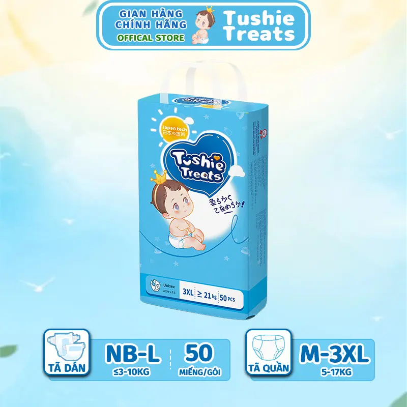 Bỉm quần - Tã dán Tushie Treats siêu mỏng, Công nghệ ôm sát thấm hút thông thoáng NB-S-M-L-XL-XXL-XXXL