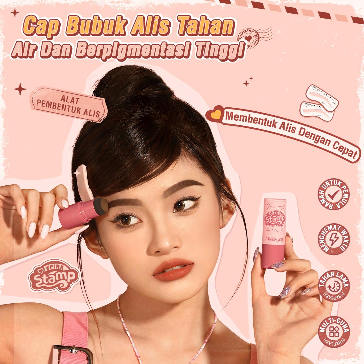 [Pinky] PINKFLASH Waterproof Eyebrow Powder Cushion Stamp with 10 Reusable Stencil Set 1-Step Shaping 4 Shades E19