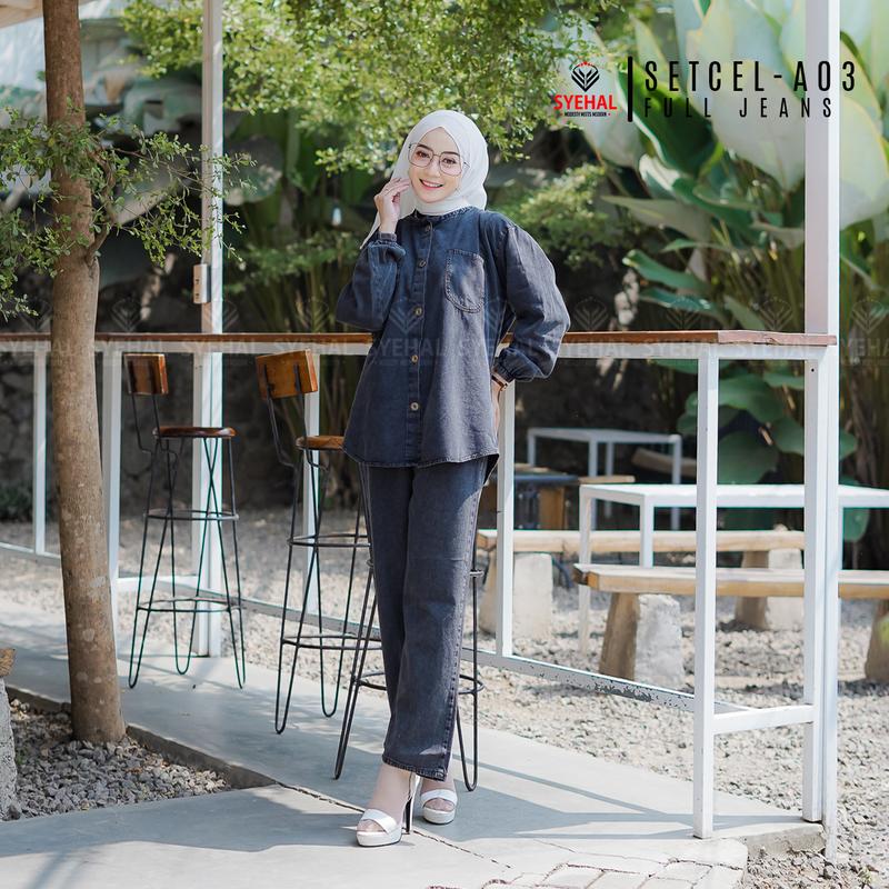 Product Introduction of Setcel - A03 SYEHAL COLLECTION- Oneset / Setcel Kemeja Wanita Full Jeans - Setelan Pakaian Wanita Denim Baju Panjang 4