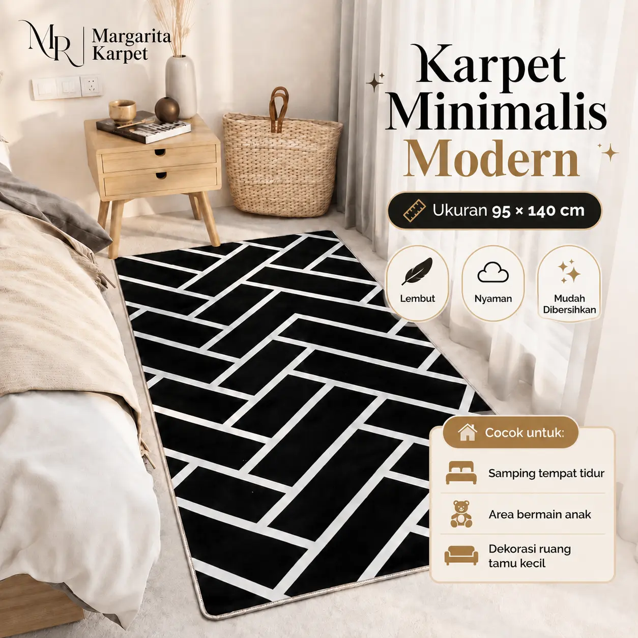 [95x140cm] Margarita Karpet Minimalis Modern Lembut Nyaman Mudah Dibersihkan untuk Kamar Tidur Area Bermain Anak