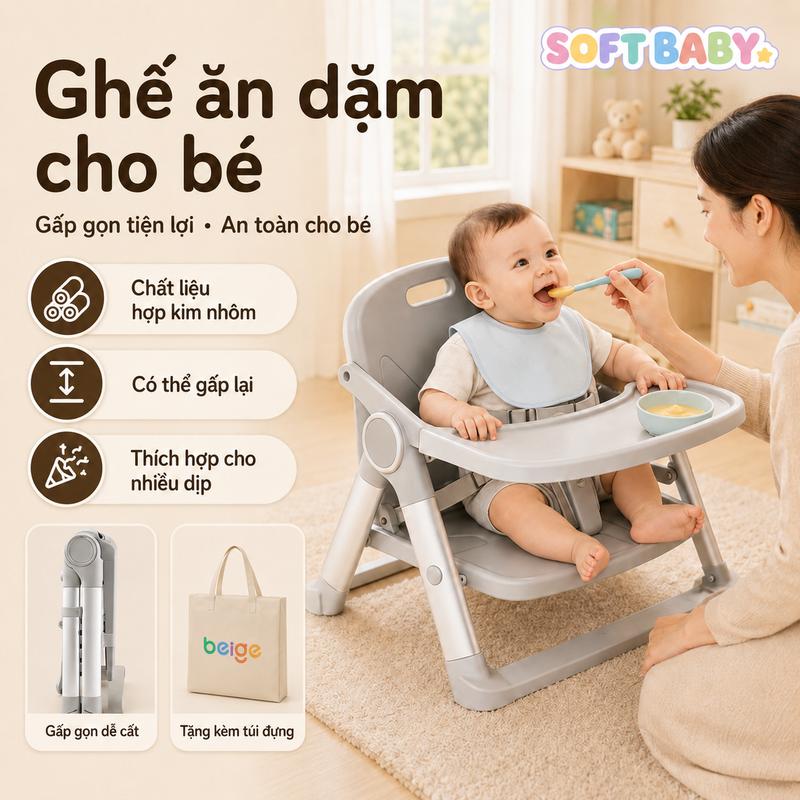 Ghế Ăn Dặm Beige, Gấp Gọn Siêu Nhẹ Tăng Giảm,Chân hợp kim nhôm, CHO BÉ TỪ 6…