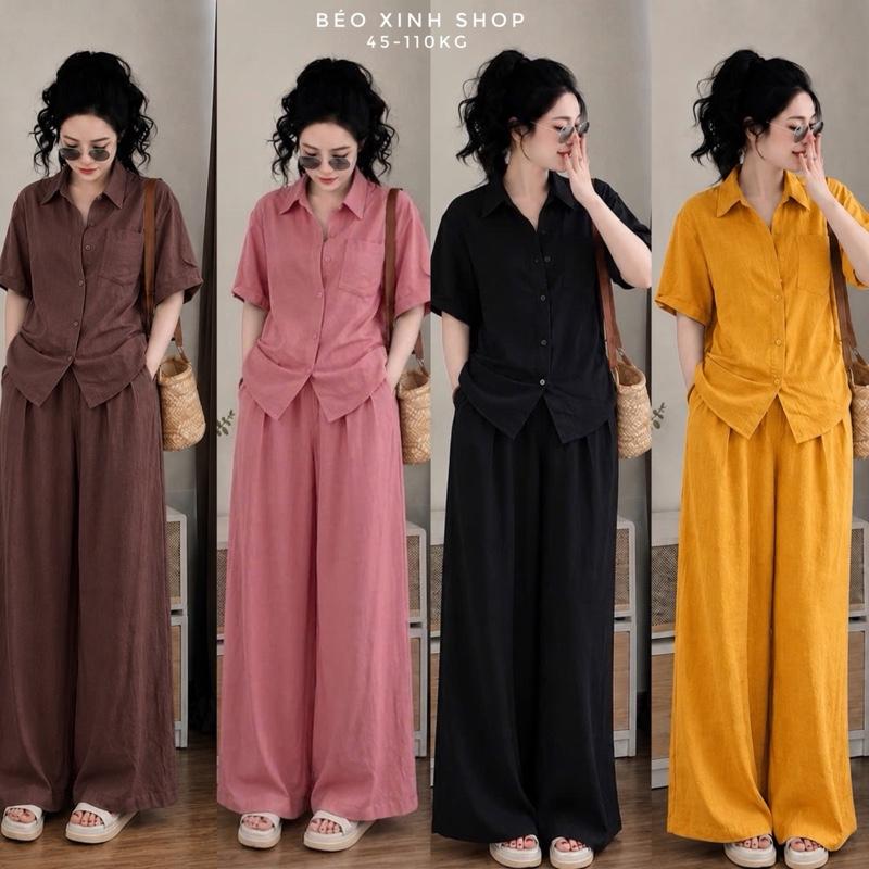 Set Bộ Nữ Bigsize Đũi Gân Cao Cấp Áo Sơ Mi Tay Lỡ + Quần Ống Rộng Dài, Mặc Mát Che Dáng 40–110kg – A.1851