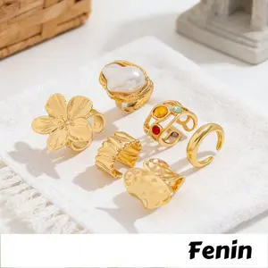 [Fenin]Cincin Bunga Bergaya Retro dengan Hiasan Berlian Imitasi Mutiara Cincin Terbuka Isi 6 Buah Y1022