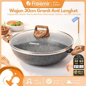 [Hot] freemir Wajan Kuping Jumbo 30cm Granit Tebal Anti Lengket dengan Tutup Kaca Gagang Kayu Tahan Panas Wajan Serbaguna Kapasitas Besar Cocok untuk Tumis Goreng dan Masakan Keluarga Tahan Lama Mudah Dibersihkan Kitchenware Premium